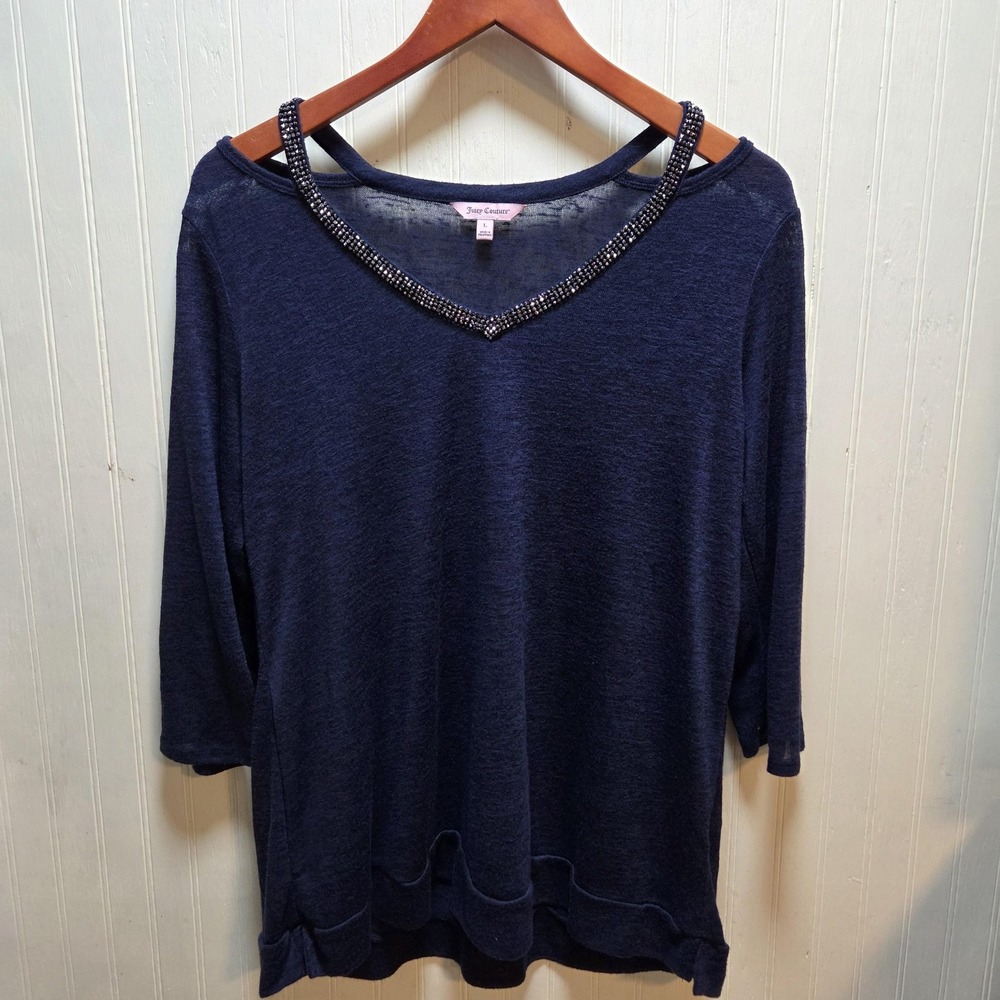 Juicy Couture Shirt Womens Large Blue Rhinestone V Neck 3/4 Sleeve Tunic Top